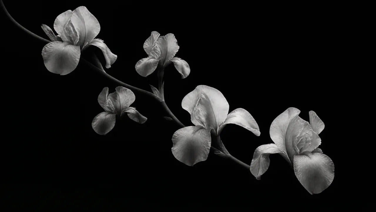 Five silver-white irises blooming along a diagonal stem against pure black